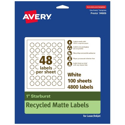 Avery Recycled Matte White Labels,  1" Starburst
