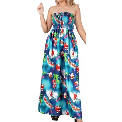 HAPPY BAY Women's A line Slit Maxi Casual Beach Vacation Dress Tube Top Long Strapless Christmas Holiday Dresses for Women L-XL Blue Palm Tree