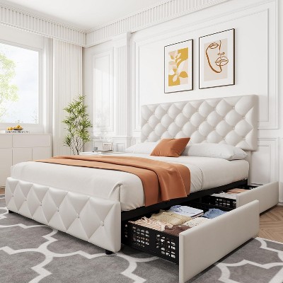 Full Size Bed Frame with 4 Storage Drawers and Adjustable Headboard, Linen Upholstered Platform Bed Frame, Diamond Stitched Button Tufted, White