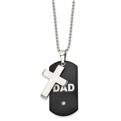Chisel Stainless Steel Black IP-plated with Cubic Zirconia DAD Dog Tag and Cross Pendant on a 22" Ball Chain Necklace