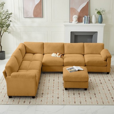 Hyleory Corduroy Oversized Modular Sectional Sofa Couch with Movable Ottoman, Large Seater Corner Sofa for Living Room, Office, Spacious Space