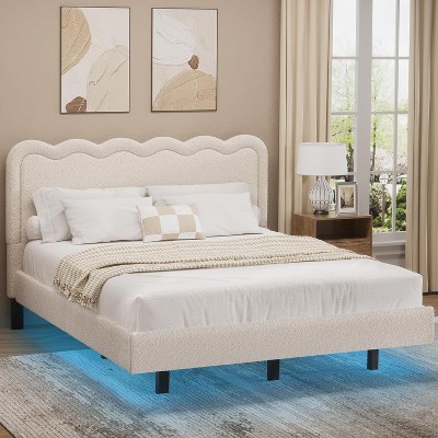 Dyonery Queen fabric bed frame with LED lights, floating bed frame with wavy headboard, no springs required, easy to assemble