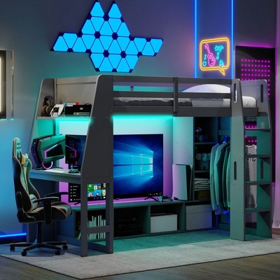 Polibi Next-Gen Gaming Loft Bed with Built-In Desk, LED Lighting, Open Closet Rack & Storage