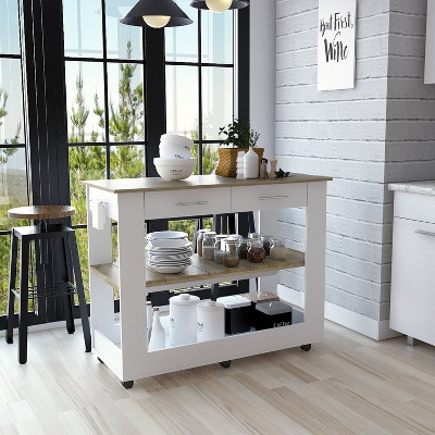 Depot E-Shop Kitchen Island 36" H, Six Casters, Two Drawers, Two Open Storage Shelves, Towel Hanger
