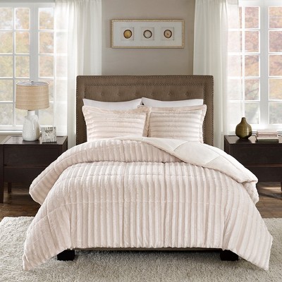Gulches 3 Piece Full/Queen Faux Fur Comforter Mini Set,Champagne
