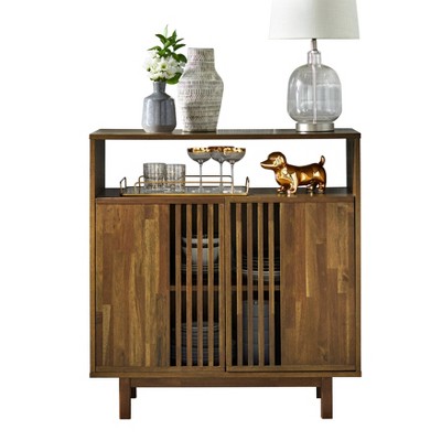 Lifestorey Vohl Mid Century Modern Sideboard Pecan: Bohemian Style, Acacia Legs, Wood Veneer, Adjustable Shelves