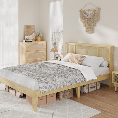 Bed Frame with Natural Rattan Headboard, Sturdy Wooden Slats, Metal Platform, Boho Cane Mattress Support, No Box Spring Needed, Stylish