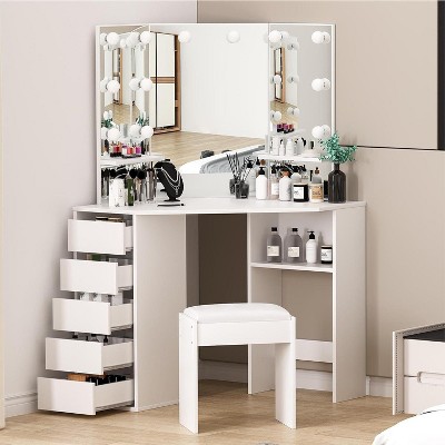 Corner Vanity Table w/Stool, Corner Vanity Desk with Mirror Lights, Corner Makeup Vanity with Power Outlet, Makeup Vanity for Bedroom, White