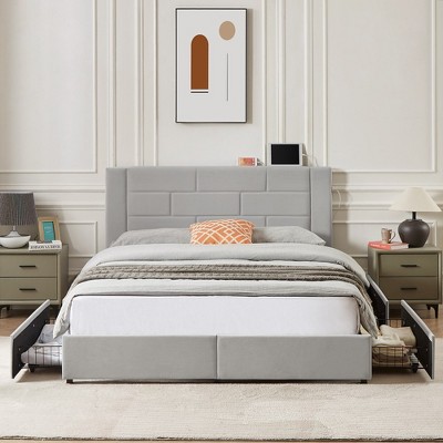 VECELO Upholstered Bed Metal Frame Platform Bed with USB Charging