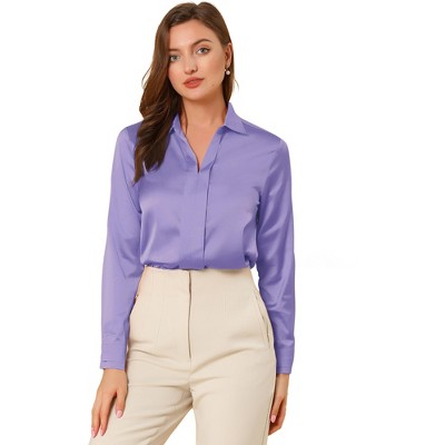 INSPIRE CHIC Women's Elegant V Neck Long Sleeve Office Work Satin Shirt