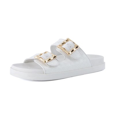 CUSHIONAIRE Loft Women’s Slide Sandal – Double Buckle Slip-On with Woven Detail, Adjustable Straps & Memory Foam