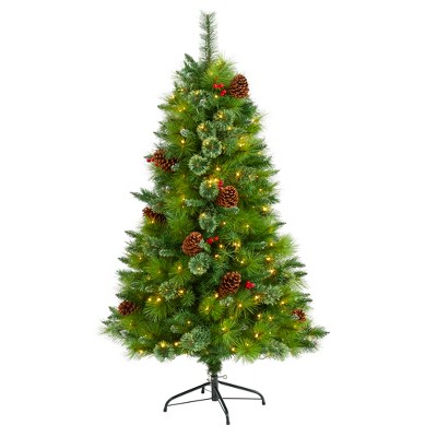 Nearly Natural 5-ft Montana Mixed Pine Artificial Christmas Tree with Pine Cones, Berries and 250 Clear LED Lights