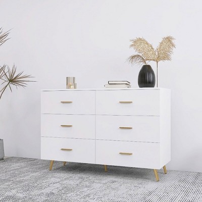 KTMBDW High Glossy Surface 6 Drawers Chest of Drawer with Golden Handle and Golden Steel Legs White Color Vanity