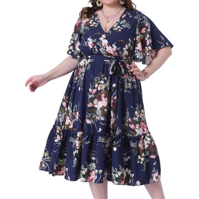 Women's Plus Size V Neck Ruffle Short Sleeves Wrap Belt Summer Floral Flowy A Line Maxi Dress - Agnes Orinda