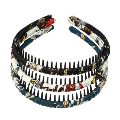 Unique Bargains Women's Non-Slip Elastic Teeth Comb Floral Pattern Headbands Green Black 3 Pcs