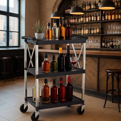 GustoWave 3 Tier Rolling Utility Collapsible Service Cart for Home Restaurants Bars Offices, Black
