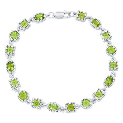 Simona Sterling Silver Oval & Square Gem Bracelet - Peridot - Green - 7.5 Inch