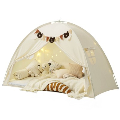 YEERSWAG Twin Bed Tent with Bear Pennants & Star Lights – Indoor Play Tent for Kids