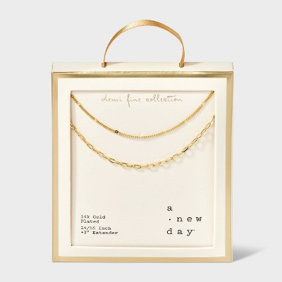 14K Gold Plated Flat Beaded and Link Chain Duo Necklace - A New Day™ Gold: Nickel-Free, Lobster Clasp