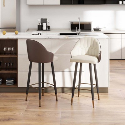 POVISON 30'' Modern Leather Bar Height Stools Set of 2, Upholstered Bar Chairs for Kitchen Island, Brown