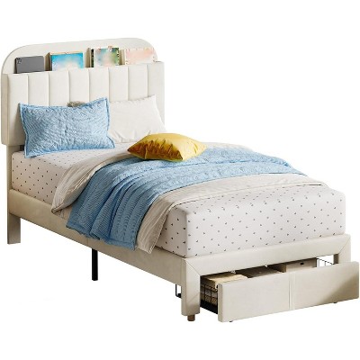 Tackview Twin Bed Frame Velvet Upholstered Platform Bed with Bookcase Headboard for Kids Girls