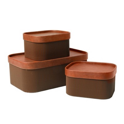 Aoibox Fluted Cardboard Storage Baskets with Leather-Like Lids Sturdy Stackable Decorative Tray Set of 3 Chestnut