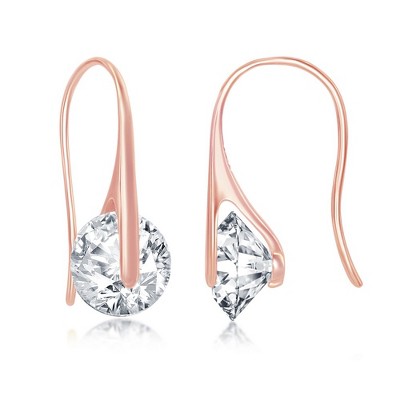 Bella Silver Sterling Silver Spinning Round CZ Frenchwire Earrings - Rose Gold Plated - Rose