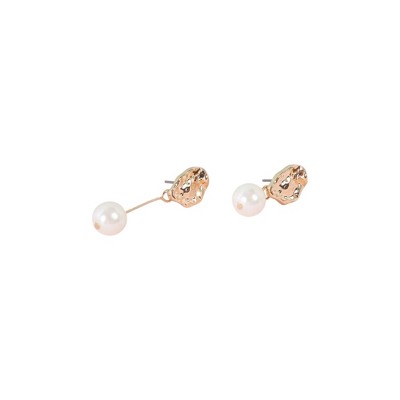 Slickblue Women's Drop Earrings, Gold Pearl Asymmetrical Style, Crushed Metal Detail, 0.8"-1.2", Alloy