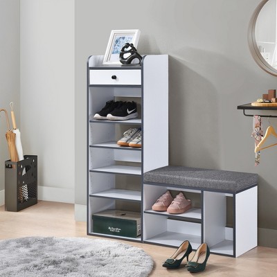 Kings Brand Furniture Julian Shoe Bench – Entryway Storage Bench, Padded Cushion Seat, Drawer Organizer, 7-Shelf Shoe Rack