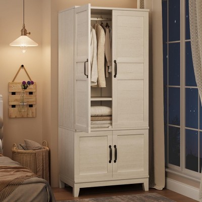 Coolmee Armoire Wardrobe Closet with 4 Doors, 72" Wooden Wardrobe Cabinet with Hanging Rod, Freestanding Tall Clothing Armoire Cabinet