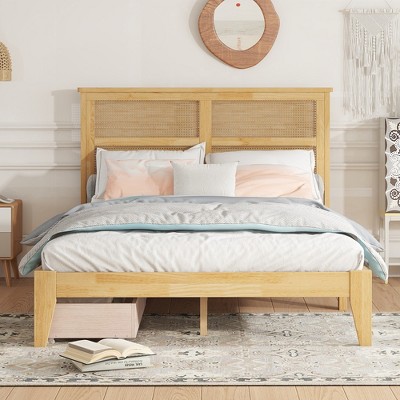 Queen/Full/King Size Rubber Wood Platform Bed with Rattan Headboard, Bed Frame with Support Legs - ModernLuxe