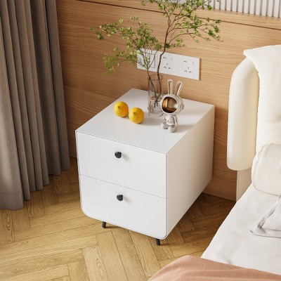 LIVAREEmlen Modern Night Stand Storage Cabinet for Living Room Bedroom, Steel Cabinet with 2 Drawers,Bedside Furniture, circular handle