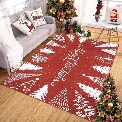4x6 Merry Christmas Area Rug, Washable Low Pile Non-Slip Non-Shedding Xmas Tree Carpet for Bedroom Living Room, Red