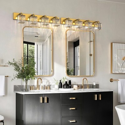 DORESshop Modern 4-Light LED Vanity Light Brushed Copper Bathroom Wall Sconce with Square Crystal Shades for Bathroom Bedroom and Mirror Lighting