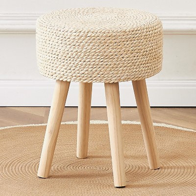 KTMBDW Round Ottoman Footstool Natural Seagrass Foot Stool Pouf Ottomans with Solid Wood Legs Hand Weave Hyacinth Footrest Step Stool for Living Room