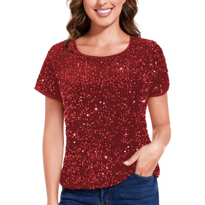 Anna-Kaci Women's Short Sleeve Crew Neck All-Over Sequin Embellished Fashion Style Top Stylish Sparkling Blouse