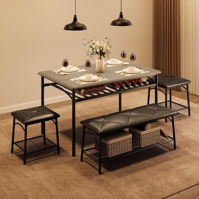 coucheta Industrial Dining Table Set for 4, Retro Wood Tabletop Kitchen Table with 2 Upholstered Chairs & A Bench, Dinner Table Set for Dining Room