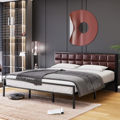 A+ Faux Leather Platform Bed Frame with Upholstered Square Stitched Headboard