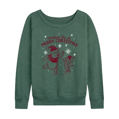 Women's - Winnie the Pooh - Wishing For A Merry Christmas Lightweight French Terry Wide Neck Long Sleeve Graphic Shirt