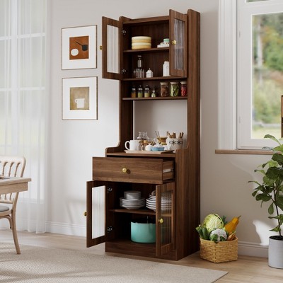 Angel Sar Farmhouse Kitchen Pantry Hutch with Microwave Stand, Freestanding Buffet Cabinet with Storage & Coffee Bar, Brown