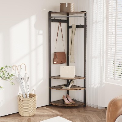 Corner Entryway Organizer, 6 Double Hook Coat Rack with Storage Bench, Space-Efficient Hall Tree for Small Homes & Apartments