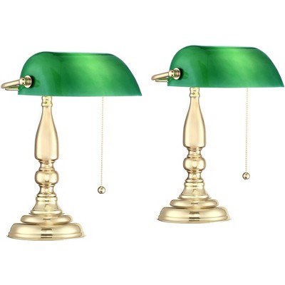 360 Lighting Hammond 14" High Small Traditional Bankers Desk Lamps Set of 2 Gold Polished Brass Plated Finish Metal Home Office Living Room Bedroom