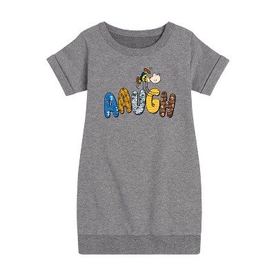 Girls' - Peanuts - Aaugh Pattern Charlie Brown Graphic Short Sleeve Fleece Dress