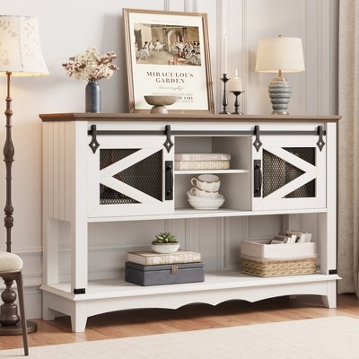 Entryway Table with Cabinet, Farmhouse Console Sofa Table with Storage, Rustic Sofa Table with Sliding Barn Doors, Console Table with Open Shelf