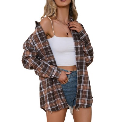Womens Fashion Plaid Flannel Jacket Casual Long Sleeve Button Collared Neck Oversized Shirts