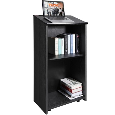 VEVOR Podium Stand, 47 in Hostess Stand with 4 Rolling Wheels, Wood Podium with Storage Shelves, and Slant Desktop, Lecterns & Podiums, Black