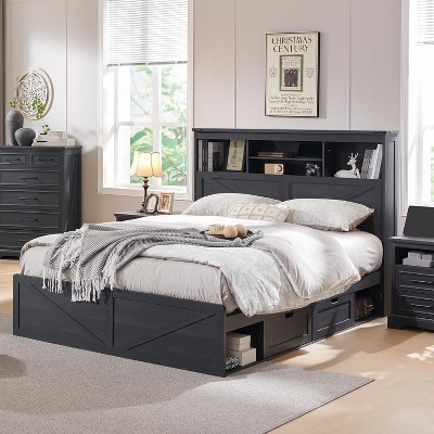 SinCiDo Farmhouse Queen Wood Bed Frame, 52" Tall Headboard with 4 Storage Drawers, LED Light & Charging Station, No Box Spring Needed