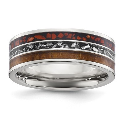 Chisel Stainless Steel Polished with Wood, Imitation Meteorite and Red Stone Inlay 8mm Band Ring