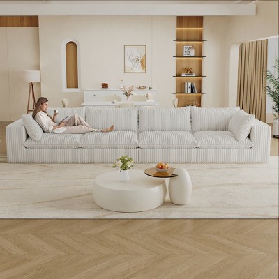 157.6" Corduroy Cloud Feather-filled Straight Sectional Sofa with Deep Seat, Double-Layer Design, Removable Cushions, No Assembly, and DIY Combination