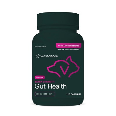 VetriScience Extra-Strength Gut Health Capsules, Digestive Relief for Dogs & Cats, 120 Count Bottle